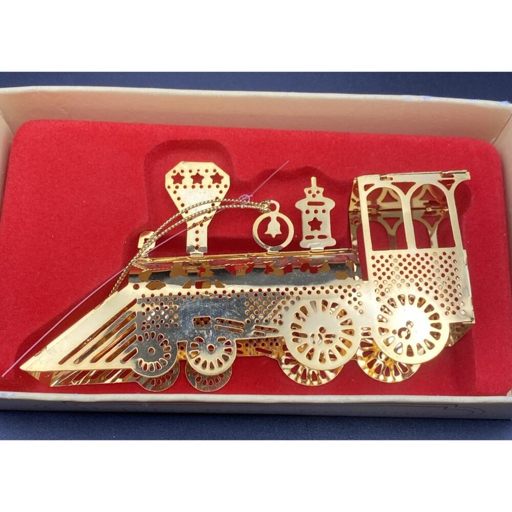 Russ Berrie 1986 Gold Tone Train Ornament Box Vintage Christmas Locomotive